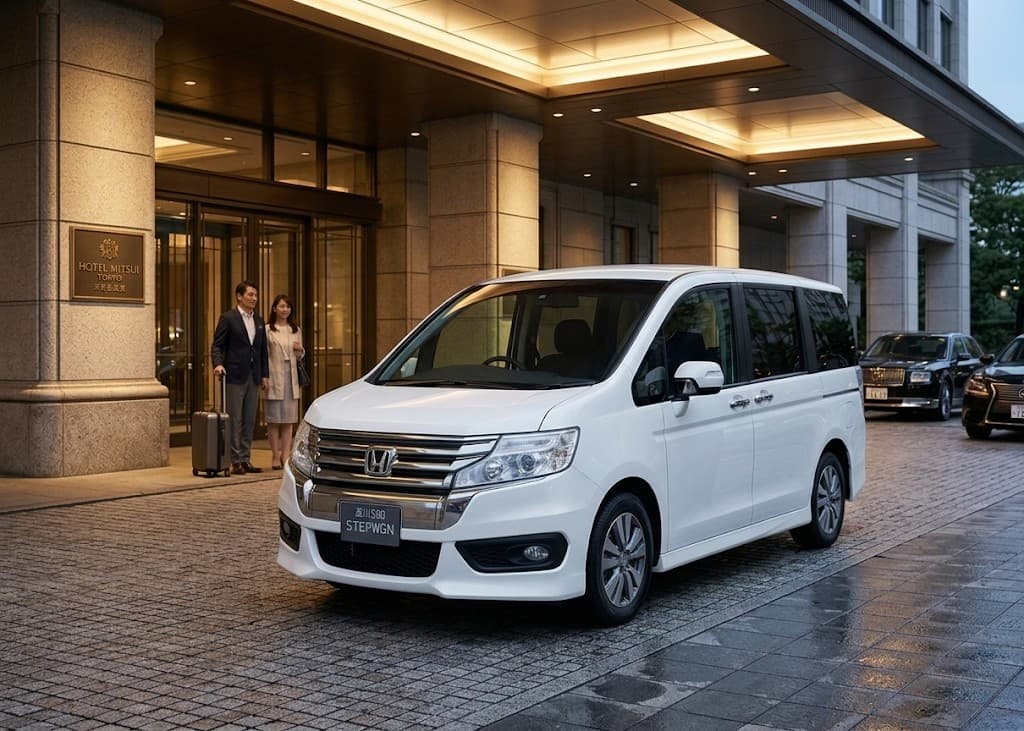 ホテルのエントランス前に停車した白いミニバン